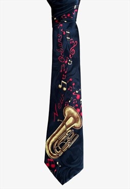 Vintage 90s New Orleans Jazz French Horn Print Tie