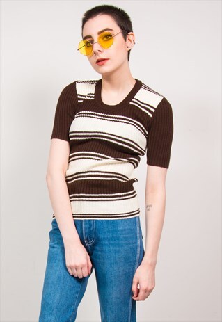 VINTAGE 70'S BROWN STRIPED KNIT RIBBED TOP T-SHIRT
