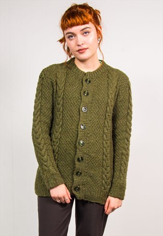 VINTAGE 80'S GREEN BUTTON DOWN THICK CABLE KNIT CARDIGAN