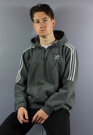 VINTAGE ADIDAS 1/4 ZIP HOODIE IN GREY WITH EMBROIDERED LOGO