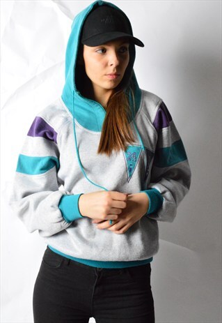 VINTAGE 80S GREY COLOUR BLOCK 1/3 ZIPPER HOODIE