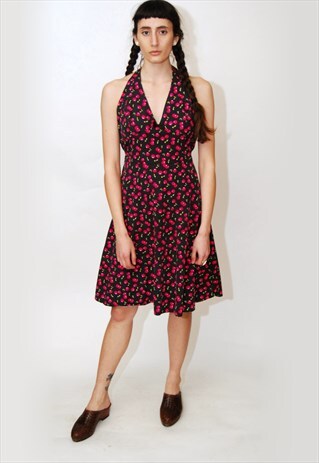 VINTAGE HALTER DRESS (L) CHERRY PRINT 90S MINI FRUIT SHIFT