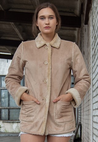 VINTAGE RETRO BEIGE WINTER FAUX FUR SHEARLING COAT JACKET