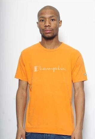 VINTAGE CHAMPION SPELL OUT BIG LOGO T-SHIRT ORANGE