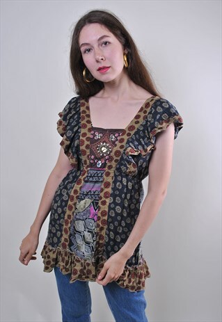 80S VINTAGE MULTICOLOR BOHO FLOWERS WOMAN BLOUSE