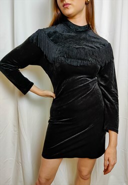 Vintage Black Fringe Velvet Dress (Up to a 10/12)