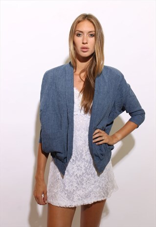 VINTAGE 1980'S 80'S CROPPED BLUE LINEN BATWING JACKET S-M