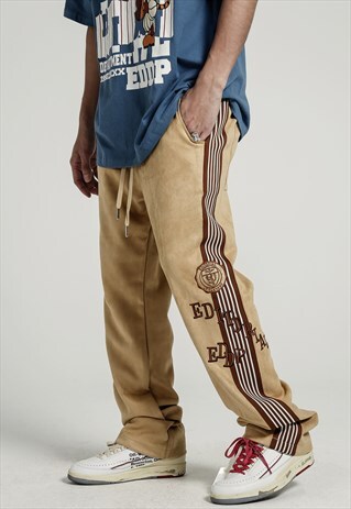 VELOUR JOGGERS VELVET FEEL PATCHED TRACK PANTS IN CREAM 