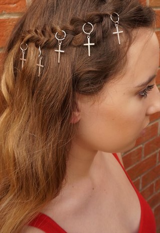 5 PACK OF SILVER HAIR CROSS CHARMS