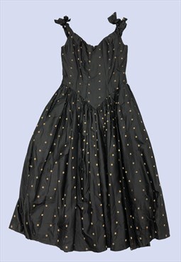 80s 90s Black Gold Star Print Midi Puff Occasional Dress
