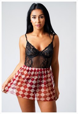Red & White Sheer Check Mini See Through Skirt