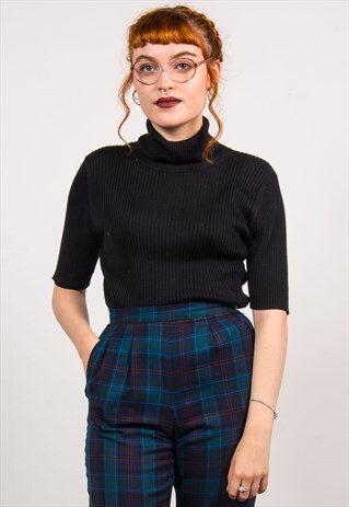 VINTAGE 90'S BLACK RIBBED KNIT TURTLE POLO NECK TOP