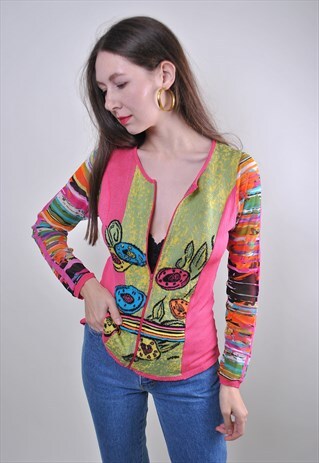 90S PINK FLORAL PRINT ZIPPED UP LONG SLEEVE ACID RAVE SHIRT