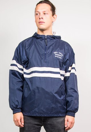 90'S BLUE STRIPED QUARTER ZIP WINDBREAKER HOODIE JACKET