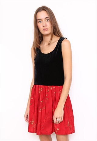 VINTAGE 80S BLACK RED VELVET FLORAL MINI DRESS