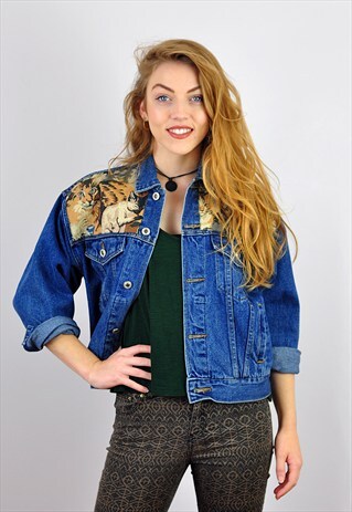 VINTAGE CAT TAPESTRY EMBELLISHED DENIM JACKET