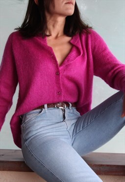 Vintage hand knitted mohair fuchsia pink cardigan