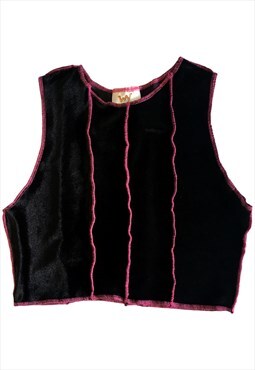 Velvet tank top in black with asymmetrical pink stitching