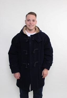 90s Wool Duffle Coat, vintage classic style men overcoat 