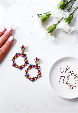 MULTI COLOUR RHINESTONE HOOP DROP DANGLE CHANDELIER EARRINGS