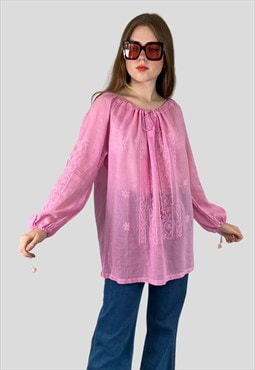 70's Vintage Indian Cotton Pink Ladies Long Sleeve Blouse 