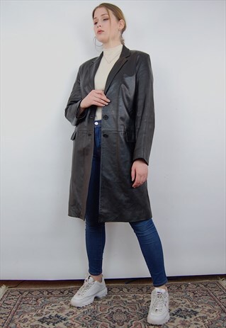 VINTAGE LEATHER LONG TRENCH COAT JACKET BY HOUSE OF FRASER