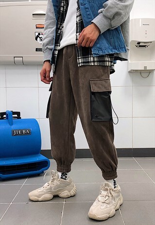 SLIM FIT VELOUR CARGO TROUSERS WITH PU POCKETS IN BROWN