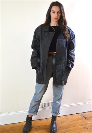 1980S VINTAGE BLACK DOUBLE BREASTED LEATHER JACKET