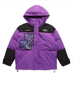 Paisley patch bomber jacket bandanna print puffer in purple