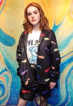 Cartoon print track jacket handmade cat emoji bomber black