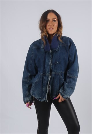 VINTAGE DENIM BOMBER JACKET OVERSIZED FITTED UK 14 (KBM)