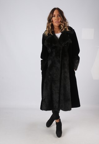 VINTAGE FAUX FUR SUEDE COAT JACKET MID LONG UK 10 (LVDB)