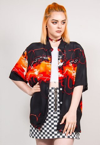 90'S VINTAGE BRIGHT ORANGE CRAZY PATTERN SHORT SLEEVE SHIRT