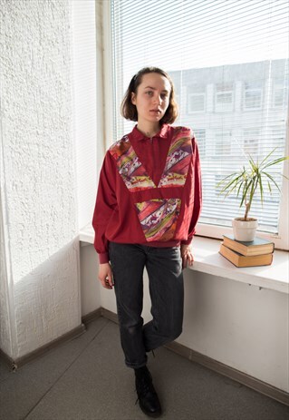 VINTAGE 80'S RED ABSTRACT PRINT WINDBREAKER
