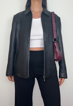 Vintage Zip Up Black Real Leather Bomber Jacket