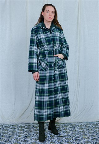 CHECKERED COAT VINTAGE WOMEN WOOL RETRO TARTAN GREEN SPRING