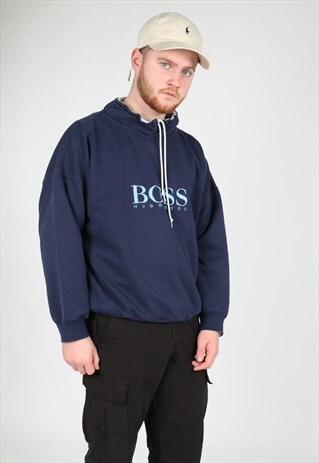 VINTAGE NAVY BLUE HUGO BOSS BIG LOGO SWEATSHIRT