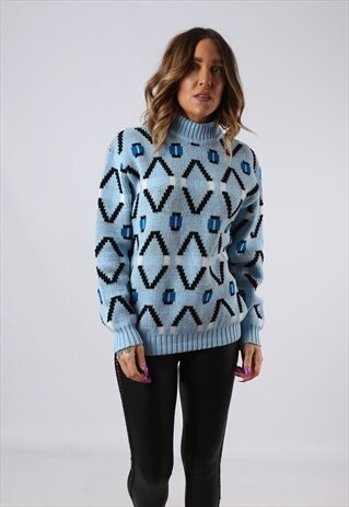 VINTAGE PATTERNED KNITTED JUMPER KNIT UK 10 - 12 S/M (GA3Q)