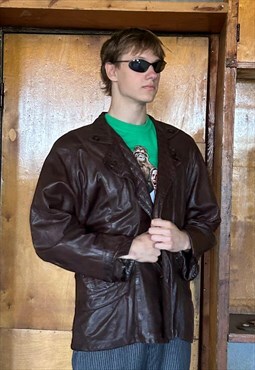 Vintage y2k real leather baggy coat jacket in dark brown 
