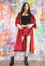 Rich Red Velvet Kimono with Tassels