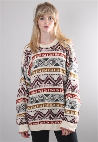VINTAGE 80S CRAZY GEOMETRIC PATTERNED OVERSIZE BAGGY JUMPER