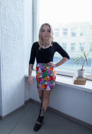 VINTAGE 80'S MULTICOLOUR FLOWER PRINT MINI SKIRT