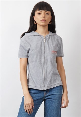 RARE VINTAGE 90'S VERSACE GREY HOODED ZIP T-SHIRT