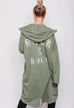 JUSTYOUROUTFIT Sequin Rock And Roll Hooded Cardigan Khaki 