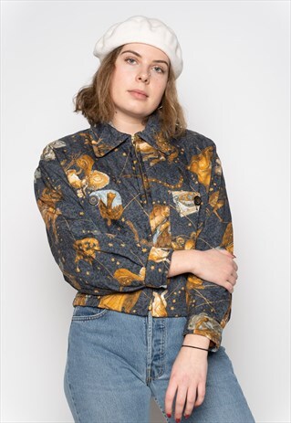 GREY YELLOW GOLD CRAZY ASTRO PATTERN ZIP BOLERO JACKET XL