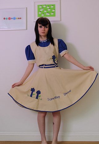 80S MIDI CREAM AND BLUE DRESS