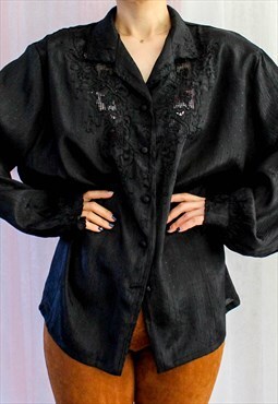 Vintage Blouse Lace Black Hollow L B805