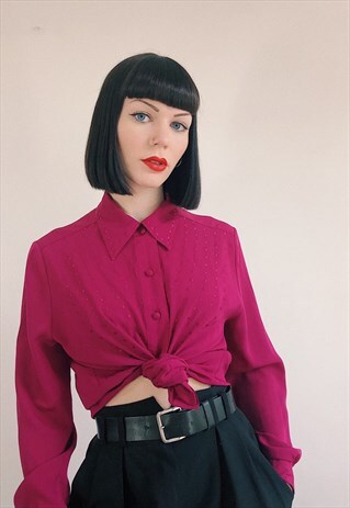 90S VINTAGE FUCHSIA PINK EMBROIDERED DOT LONG SLEEVE BLOUSE