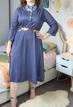 Vintage 60s Blue Polkadot Spotty Spots Mod Gogo Shirt Dress