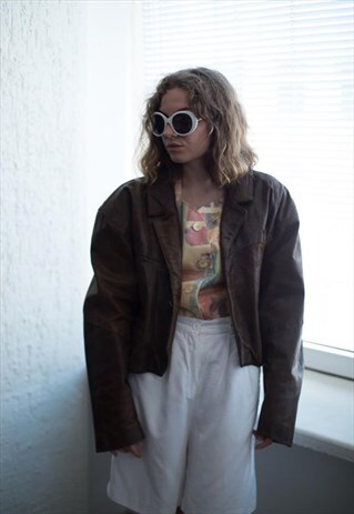 VINTAGE 80'S BROWN CROPPED LEATHER JACKET